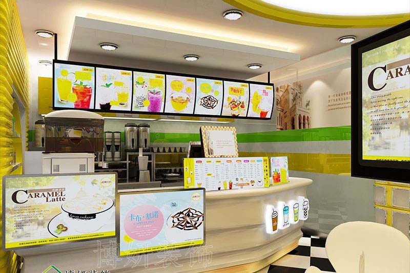 南京个性奶茶饮品店装修设计方案效果图-南京沙巴足球工装公司