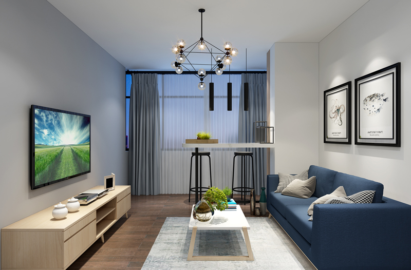 客厅：客厅中，公寓装修设计师将灰蓝两种即优雅又舒适的色彩搭配用了到极致，精选了墙上的饰品和其他装饰，每个角落显得特别雅致。
