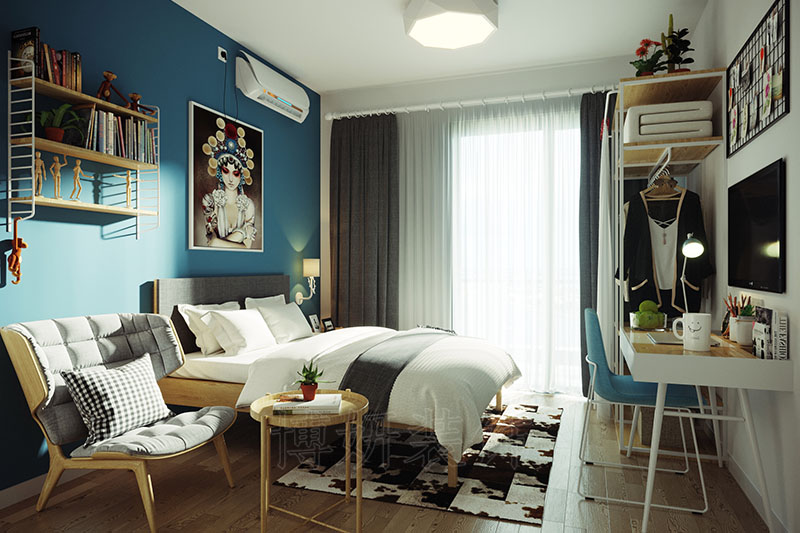 北欧风格公寓卧室装修效果图：纯白沙发搭配超耐磨木地板，外加花纹地毯，烘衬温润度