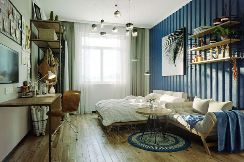 田园风格风格卧室公寓装修效果图木纹色与白色层板搭配的卧室，以色彩平衡空间温度