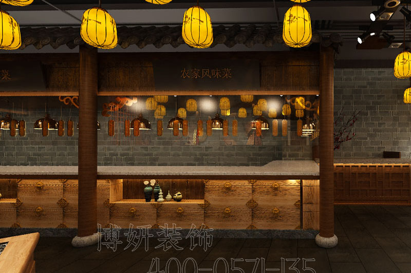 南京地沙巴足球色中式餐厅装修设计方案效果图